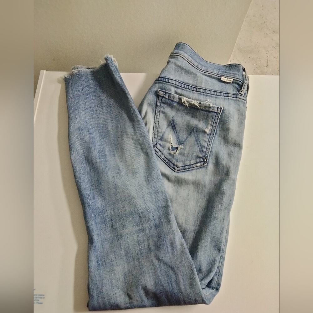 Mother Denim Jeans Ankle Fray Light Blue Graffiti Girl Size 25